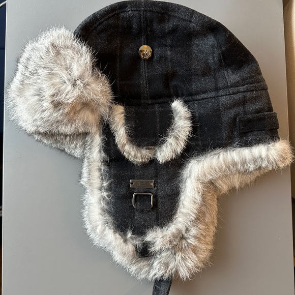 Winter Fur Real Rabbit Fur Wool Blend Buffalo Check Trapper Hat Black/Grey S/M - Picture 2 of 11